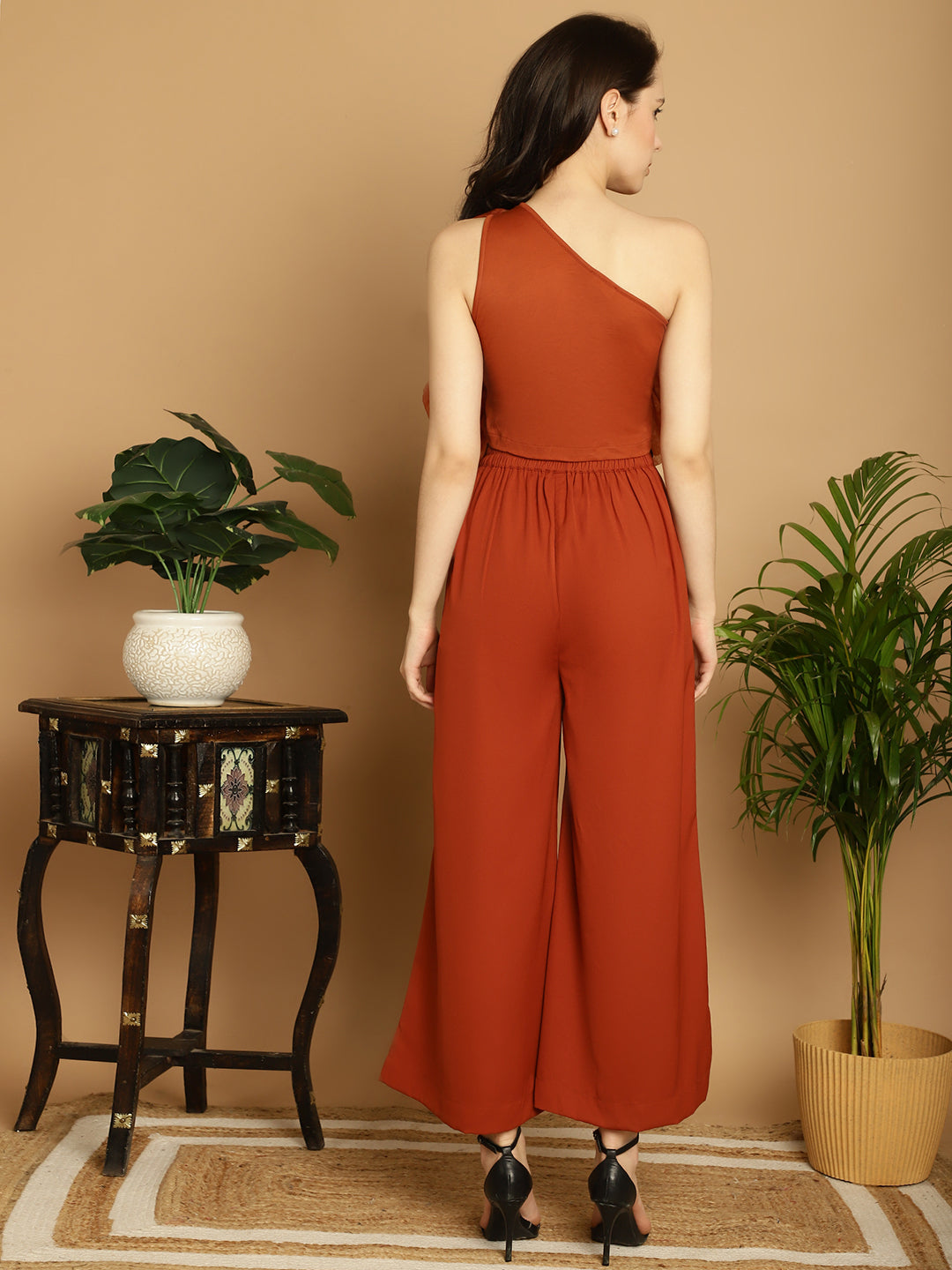 Brown Organza Frill Crop Top With Trouser