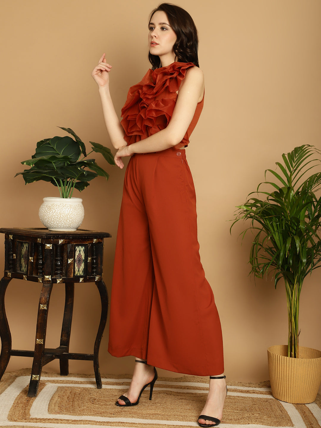Brown Organza Frill Crop Top With Trouser