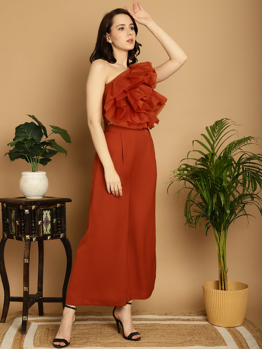 Brown Organza Frill Crop Top With Trouser