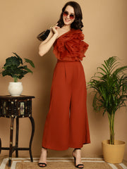 Brown Organza Frill Crop Top With Trouser