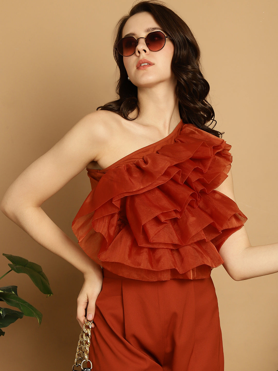 Brown Organza Frill Crop Top With Trouser