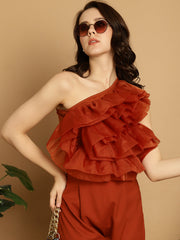 Brown Organza Frill Crop Top With Trouser