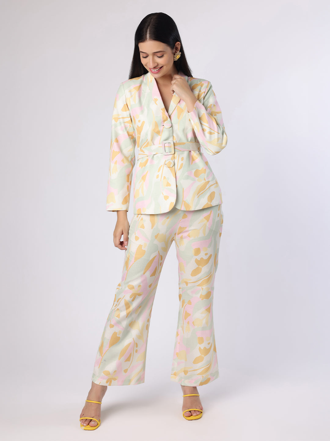 Pastel Abstract Printed Blazer-Trouser Set