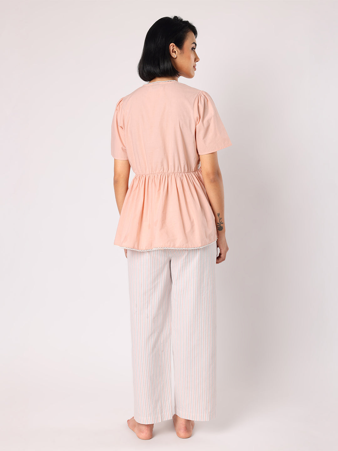 Peach Lace Detail Top With Striper Pyjamas Nightwear