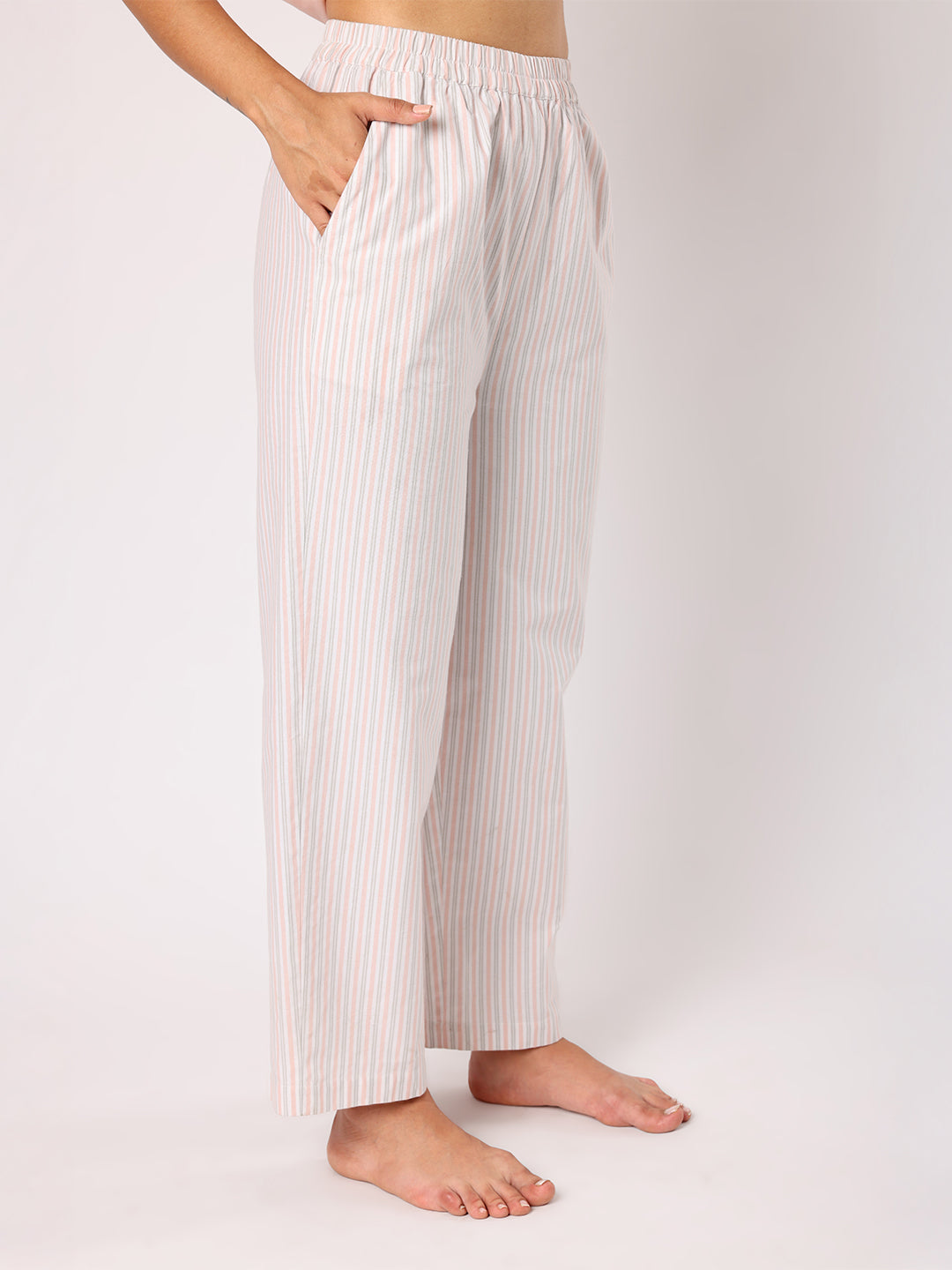 Peach Lace Detail Top With Striper Pyjamas Nightwear