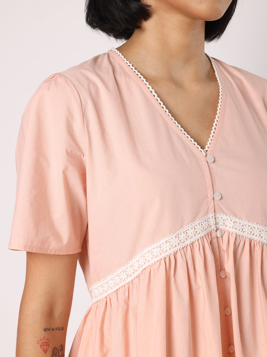 Peach Lace Detail Top With Striper Pyjamas Nightwear