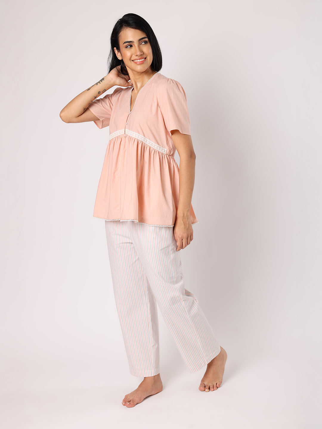 Peach Lace Detail Top With Striper Pyjamas Nightwear
