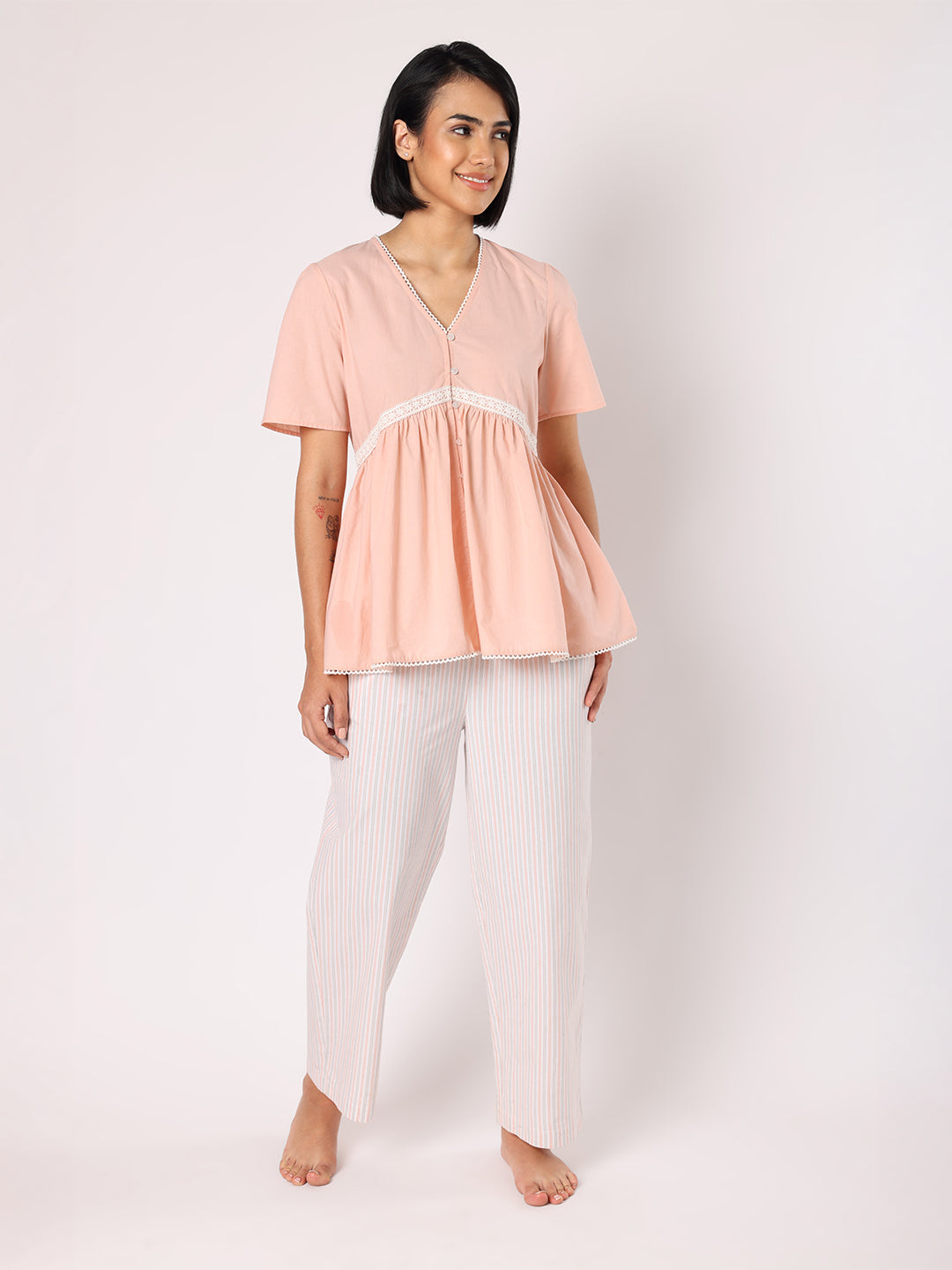 Peach Lace Detail Top With Striper Pyjamas Nightwear