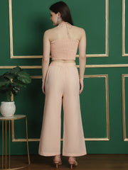 Peach Pearl Halter Neck Crop Top with Flare Trouser