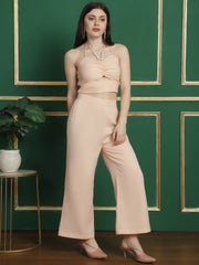 Peach Pearl Halter Neck Crop Top with Flare Trouser