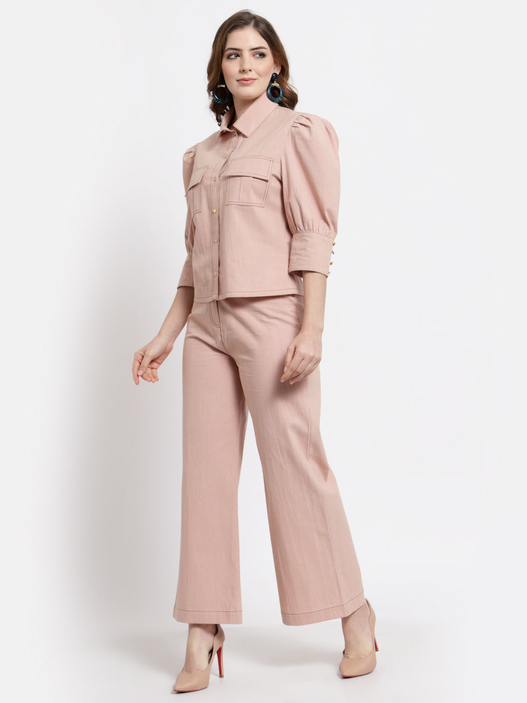 Peach Shirt With Trouser Set