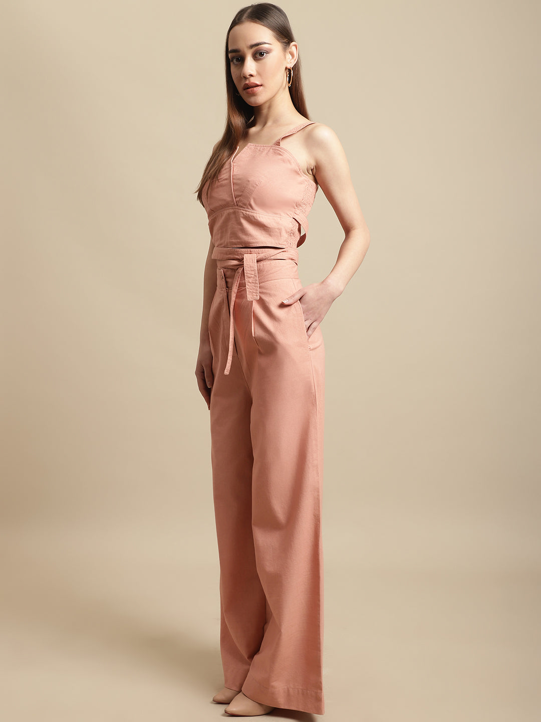 Peach Strappy Top With Long Pants Co-Ord Set