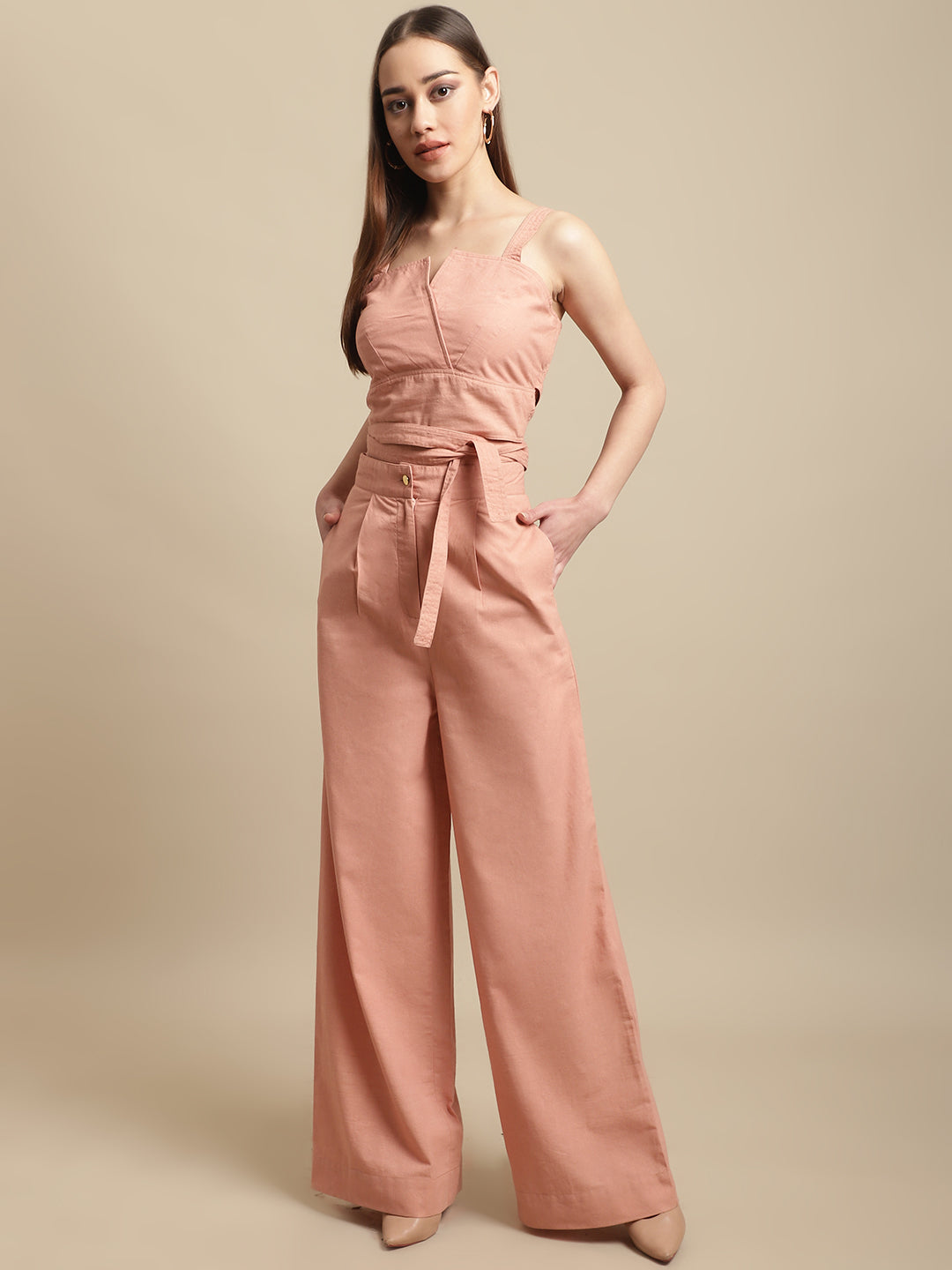 Peach Strappy Top With Long Pants Co-Ord Set
