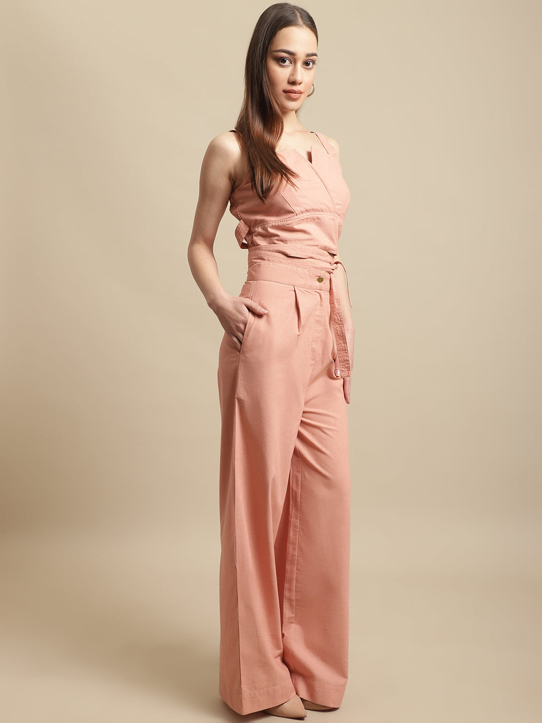 Peach Strappy Top With Long Pants Co-Ord Set
