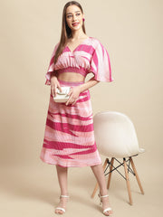 Pink Animal Printed Top With Skirt Co-Ord Set