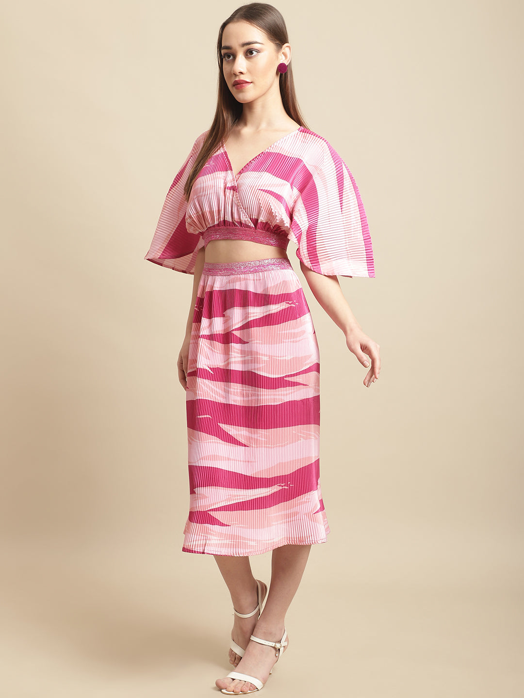 Pink Animal Printed Top With Skirt Co-Ord Set