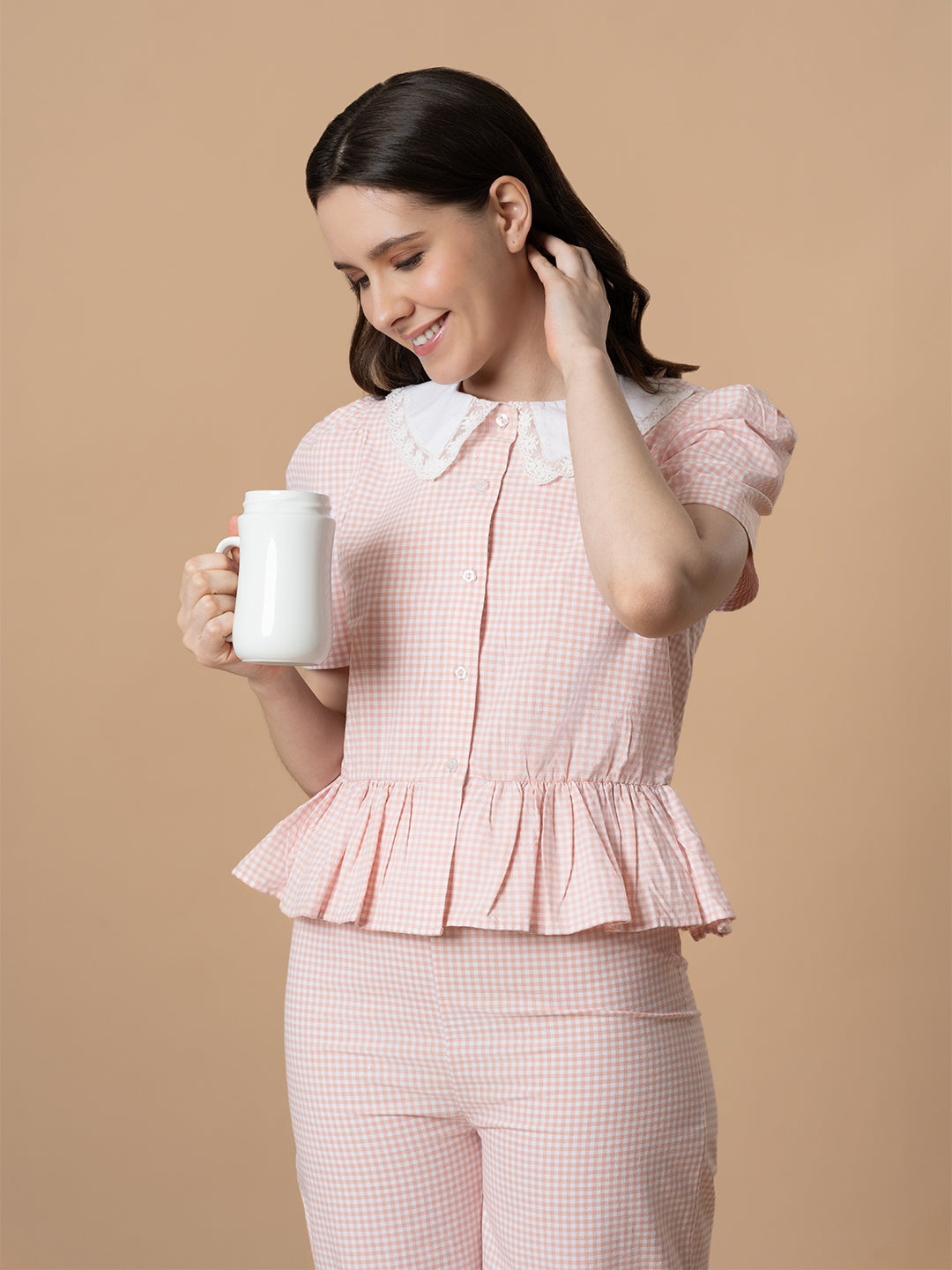 Pink Checkered Nightwear With Peter Pan Collar