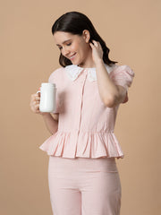 Pink Checkered Nightwear With Peter Pan Collar
