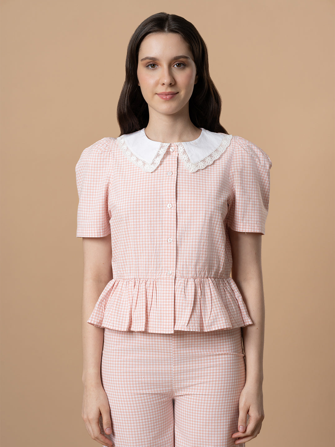 Pink Checkered Nightwear With Peter Pan Collar