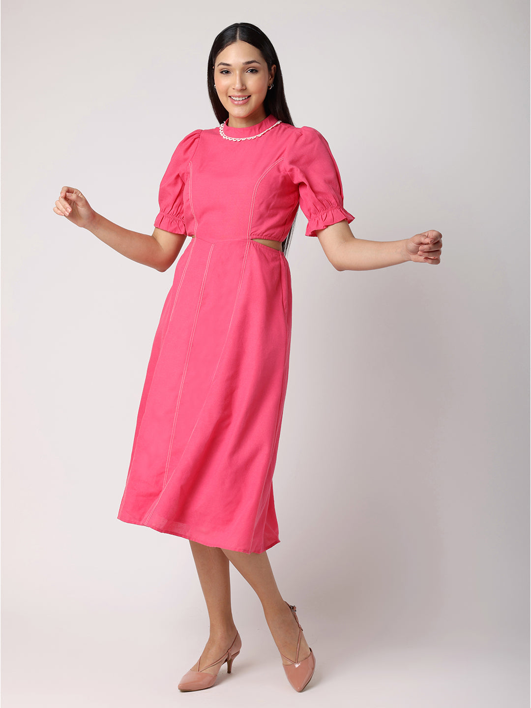 Pink Cut Out Dress with Contrast Lace and Stitch