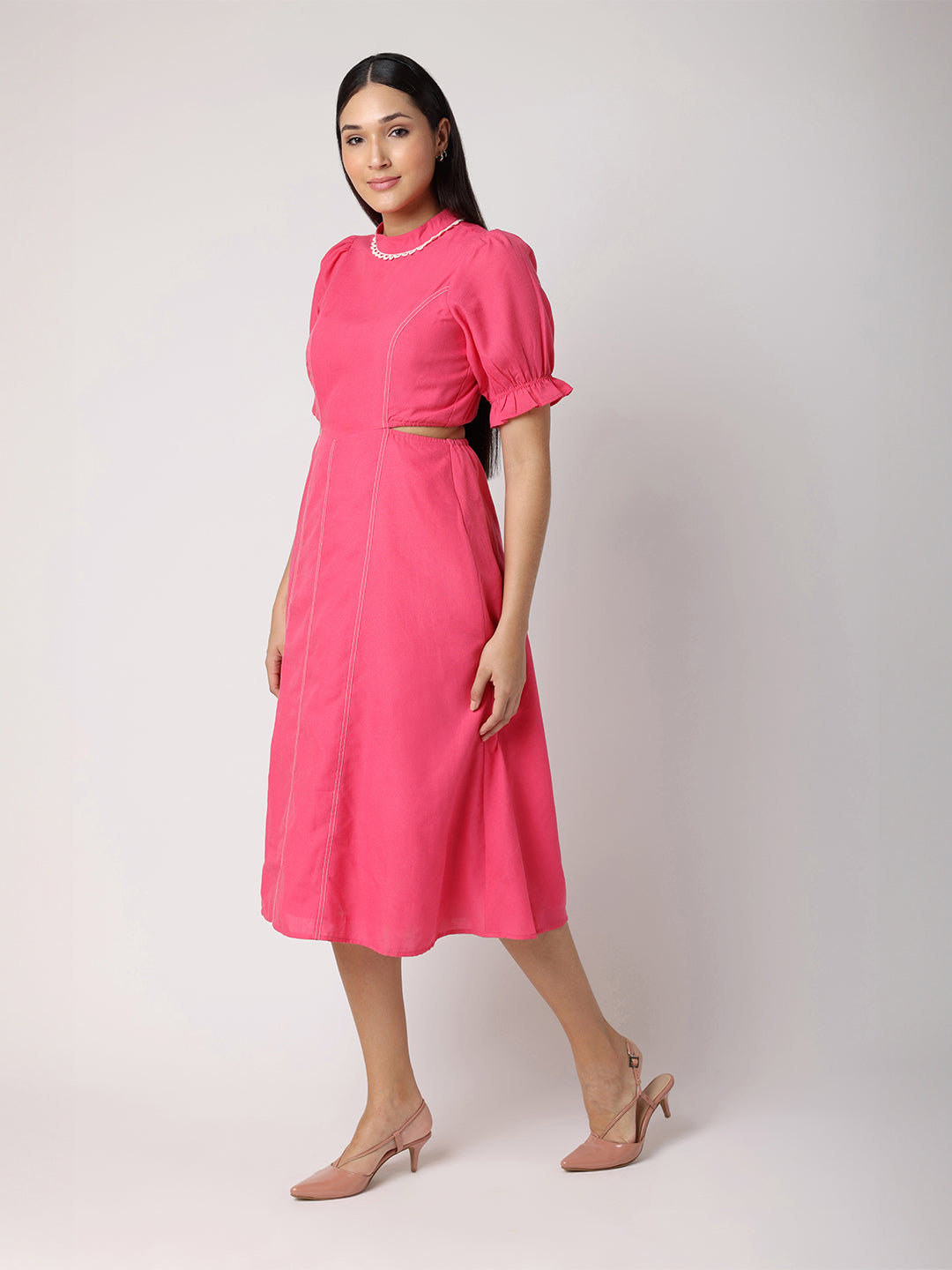 Pink Cut Out Dress with Contrast Lace and Stitch