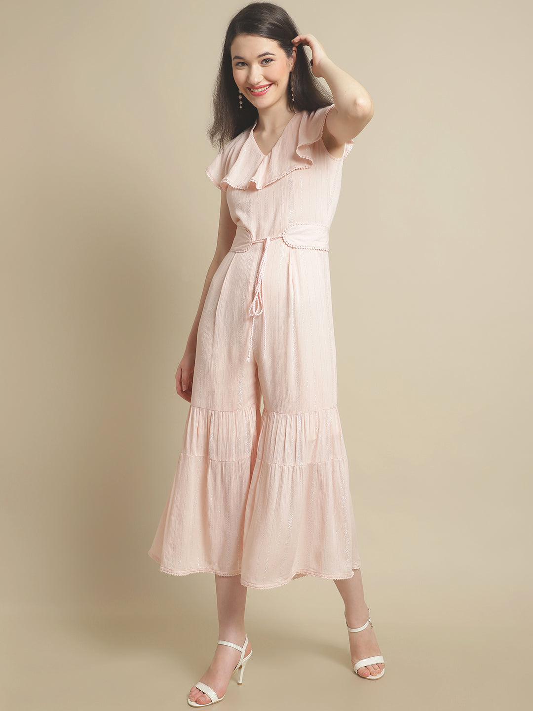 Pink Lurex Jumpsuit With Belt