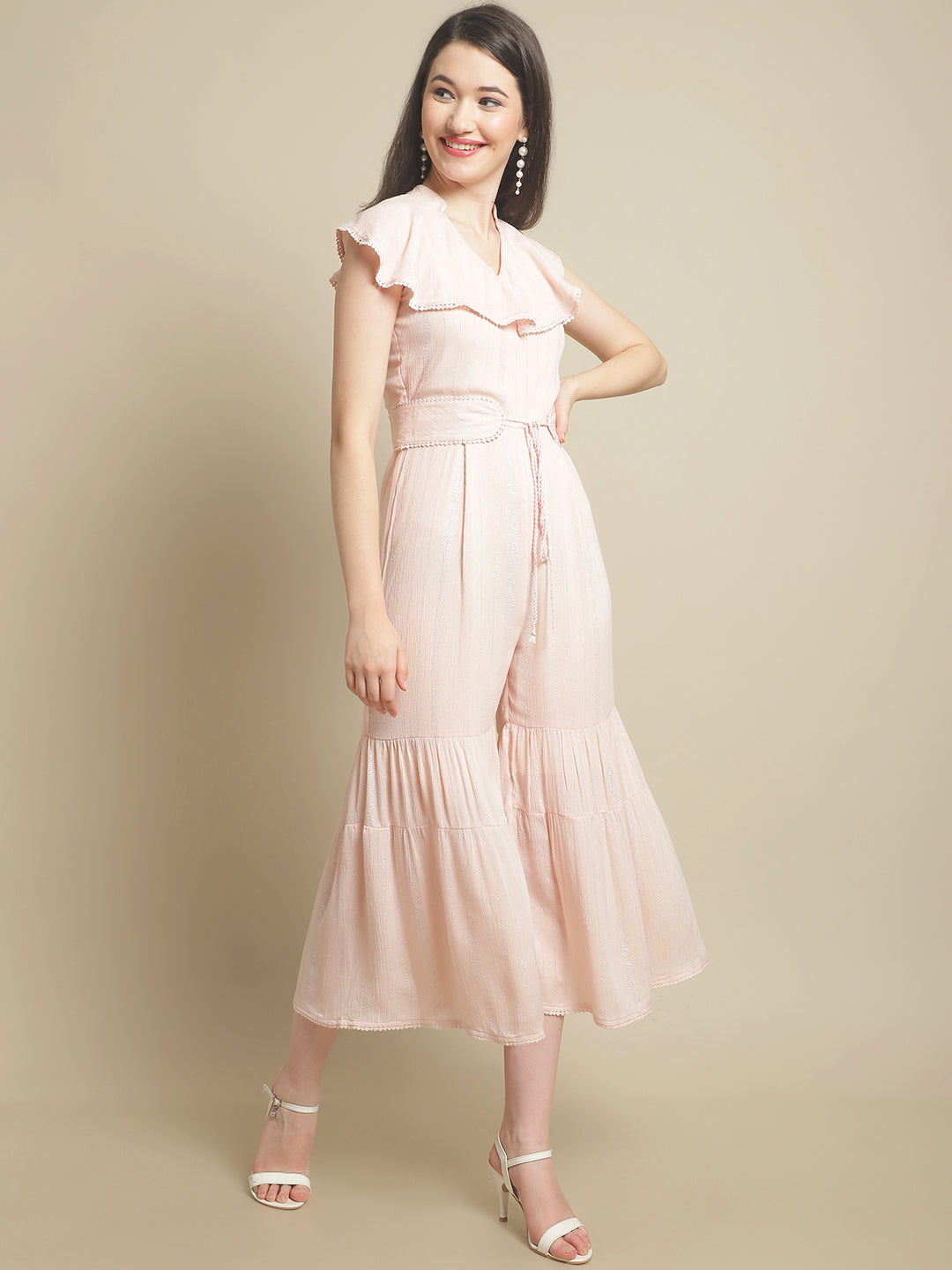 Pink Lurex Jumpsuit With Belt