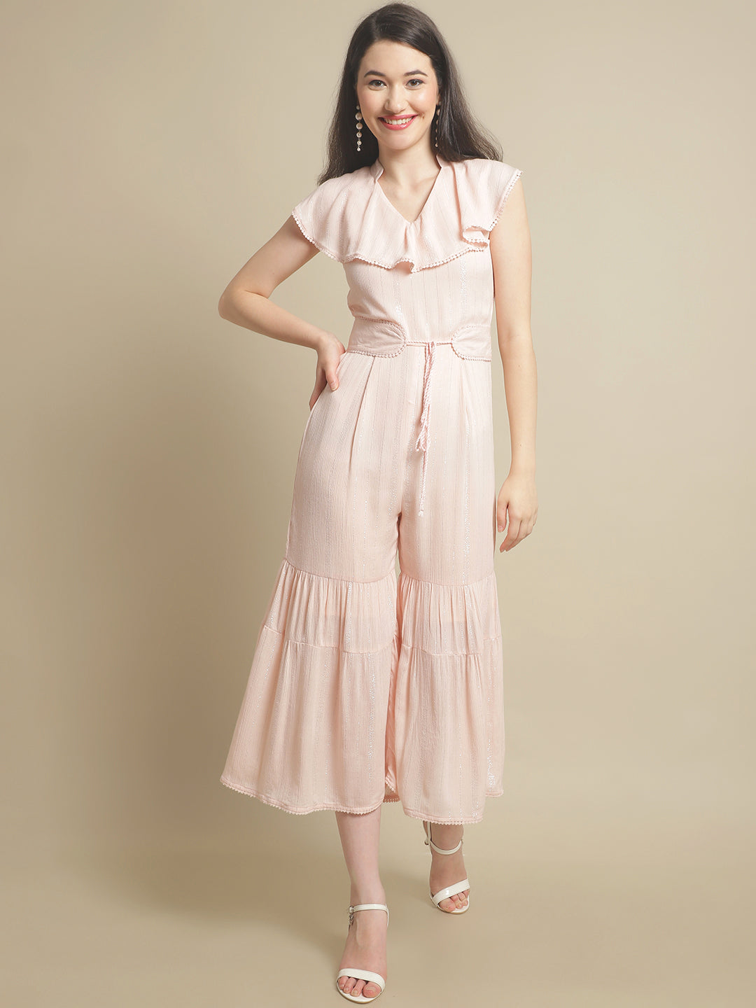 Pink Lurex Jumpsuit With Belt