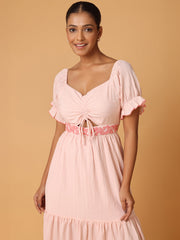 Pink Maxi Dress With Embroidery On Waist