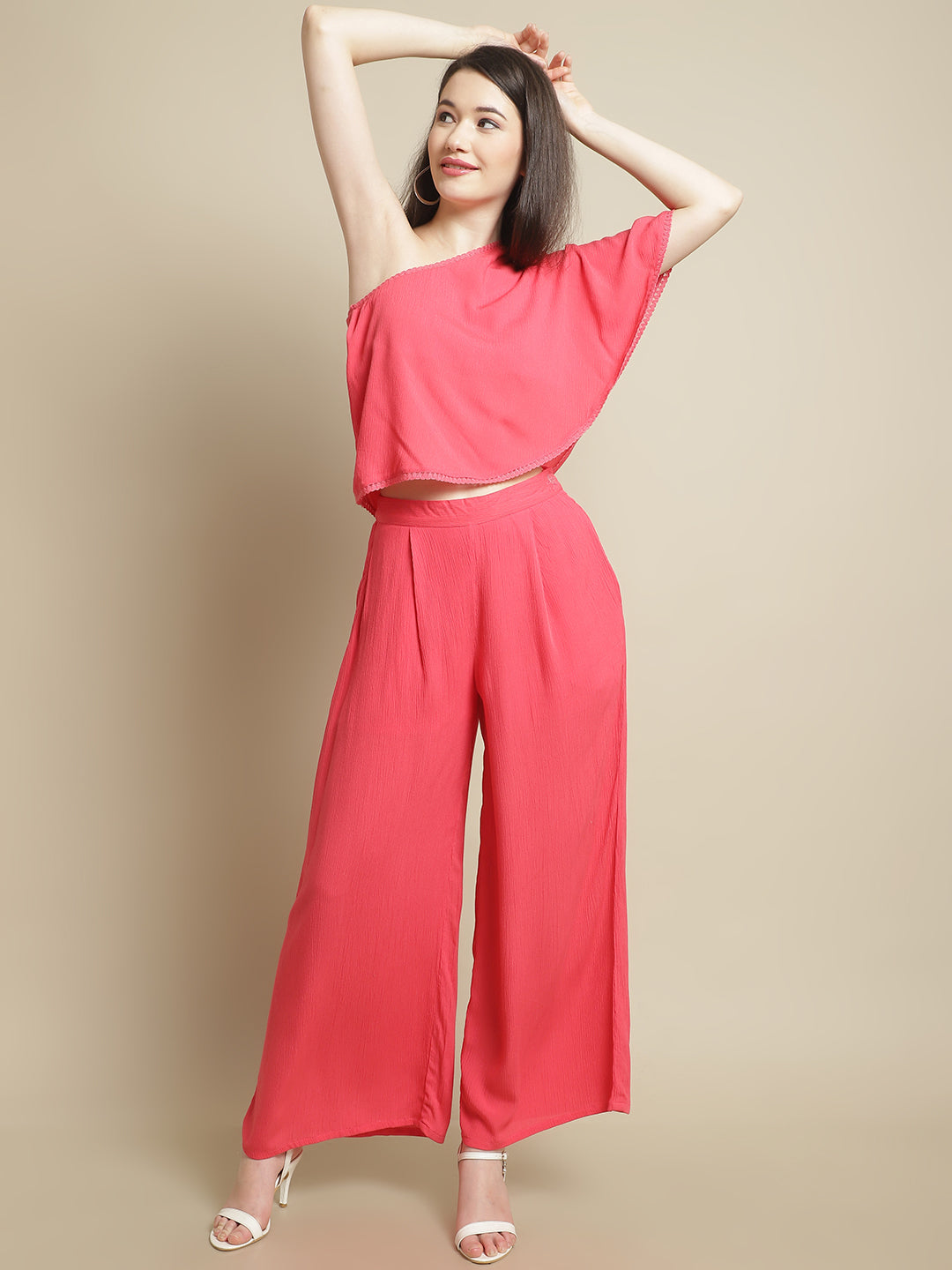 Pink Shoulder Drop Top With Trouser