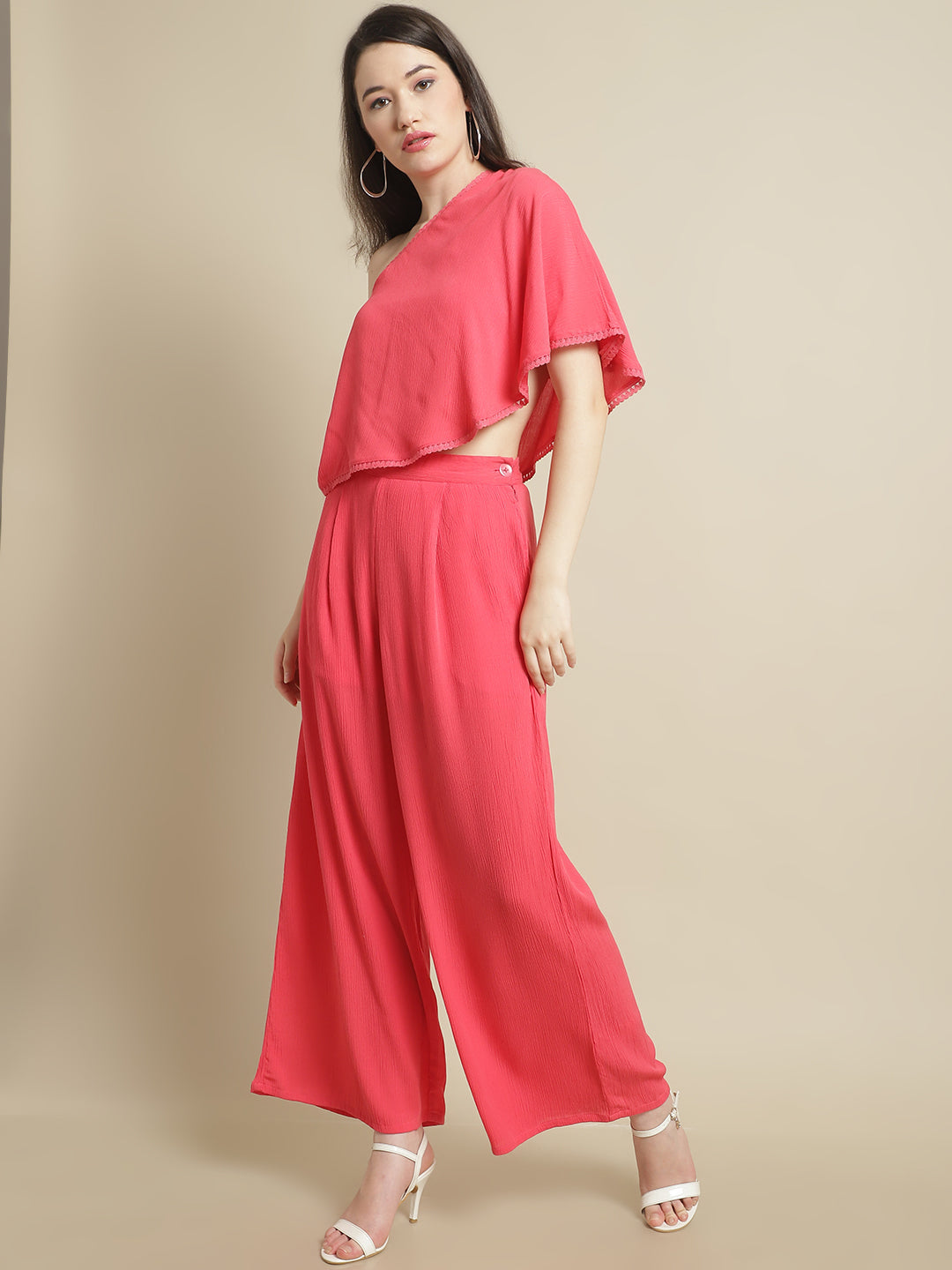 Pink Shoulder Drop Top With Trouser