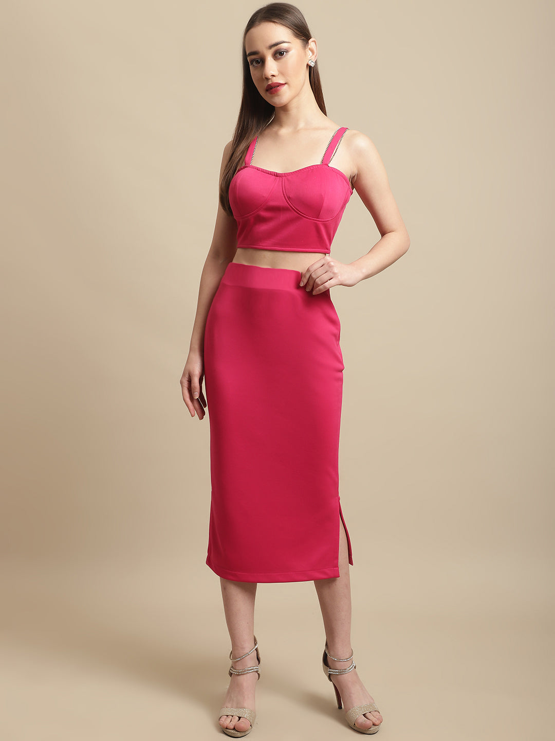 Pink Stone Straps With Skirt Co-Ord Set