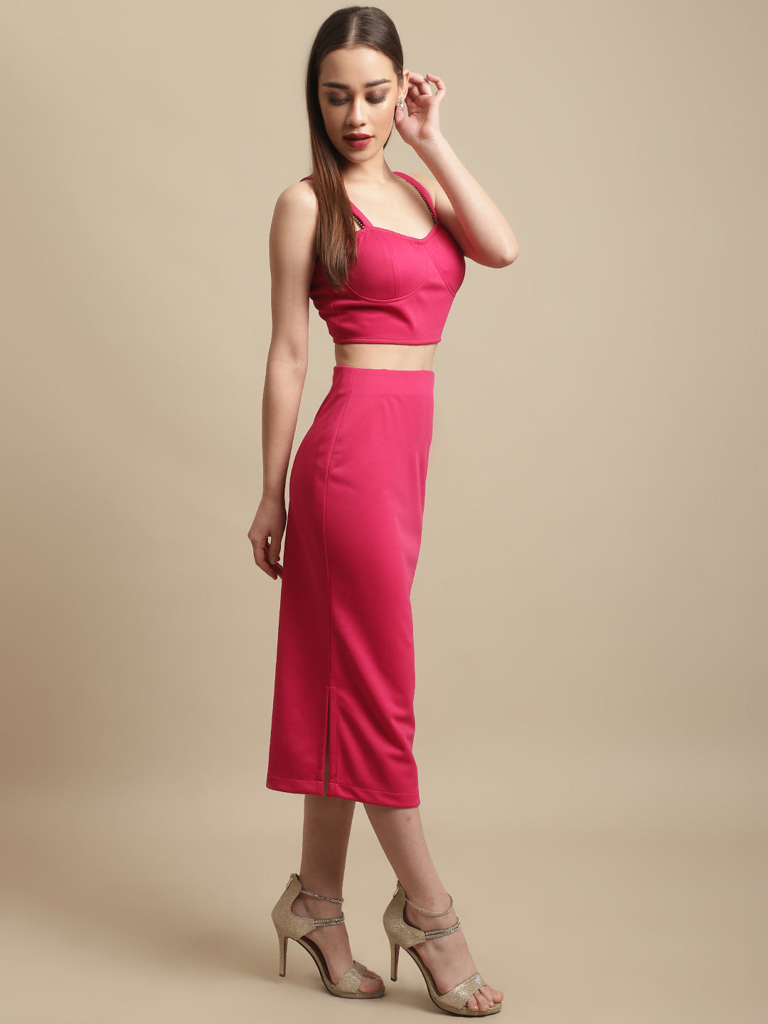 Pink Stone Straps With Skirt Co-Ord Set
