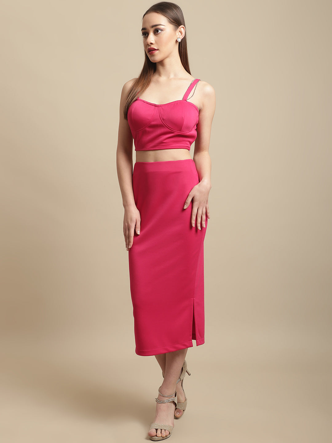 Pink Stone Straps With Skirt Co-Ord Set