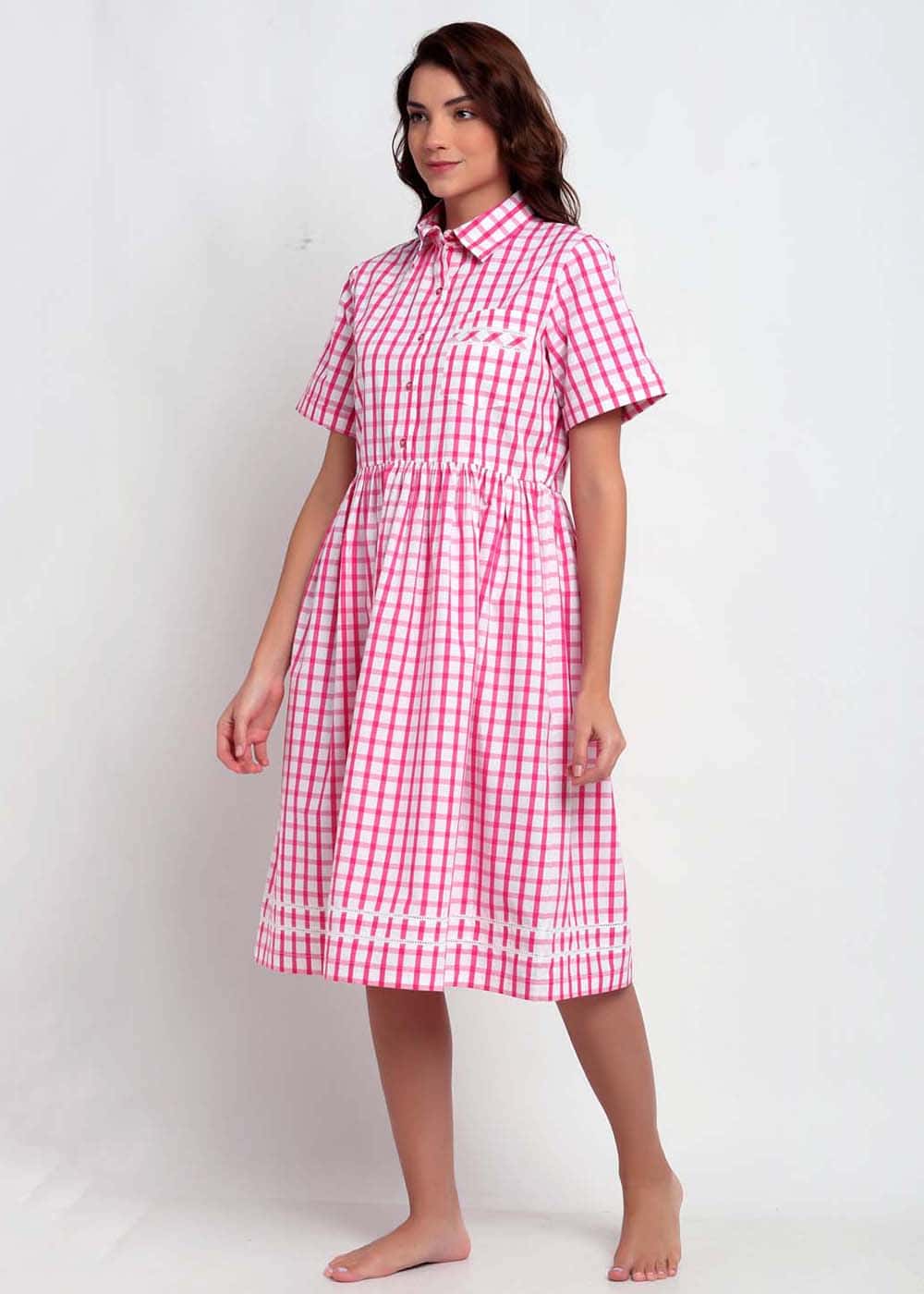 Pink & White Checks Night Dress