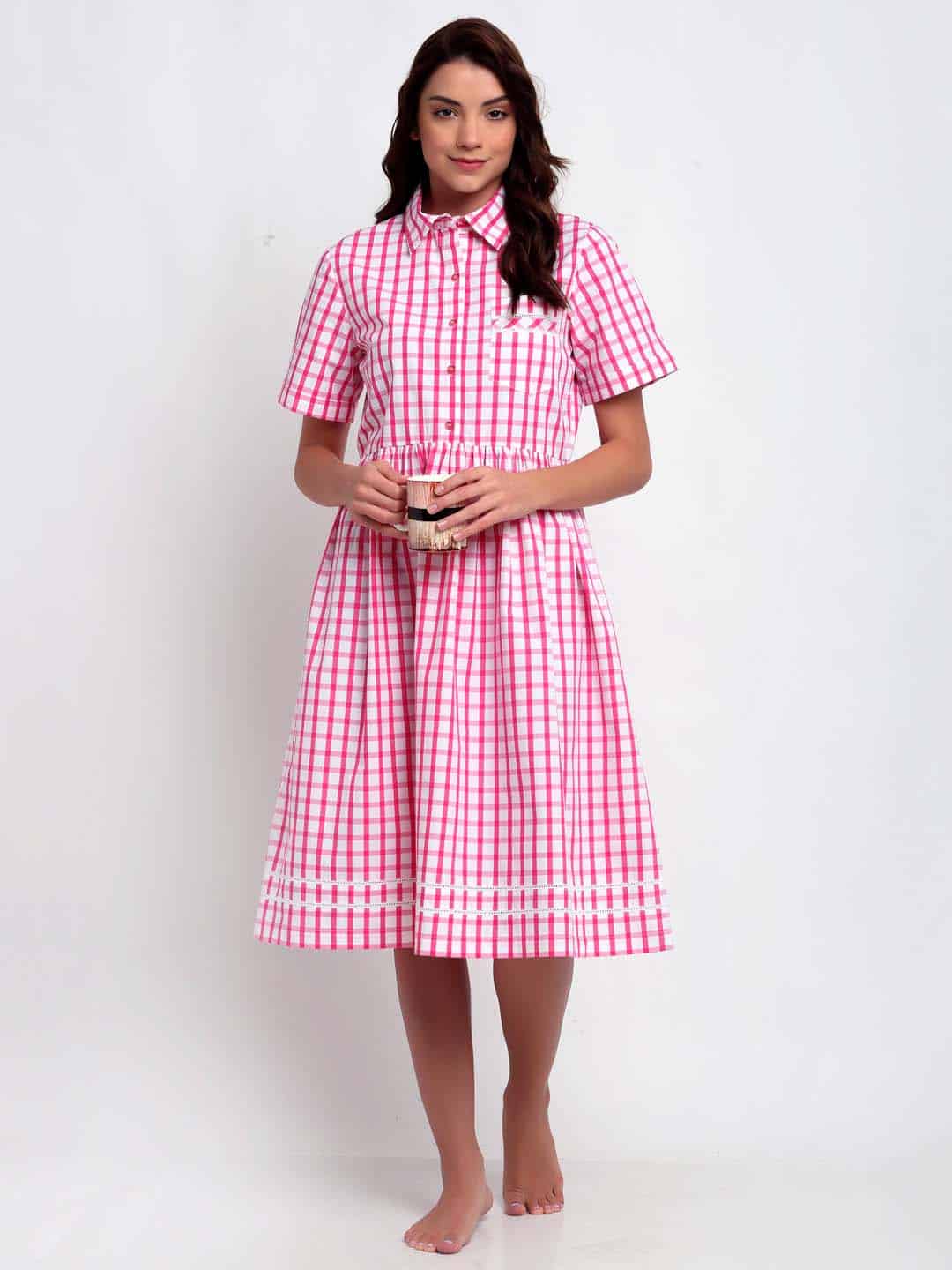 Pink & White Checks Night Dress