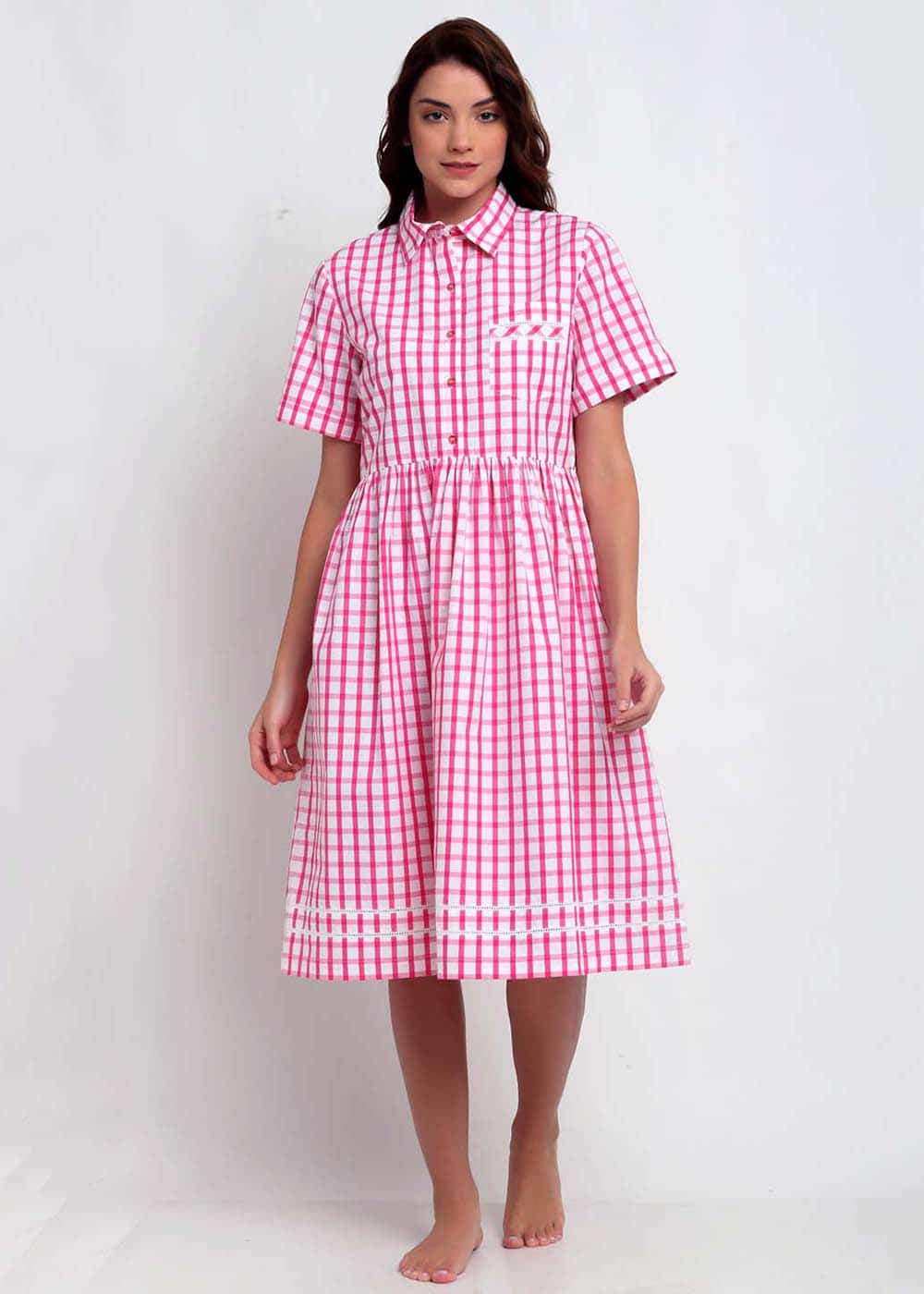 Pink & White Checks Night Dress