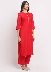 Pintucks Paisley Embroidered Red Kurti