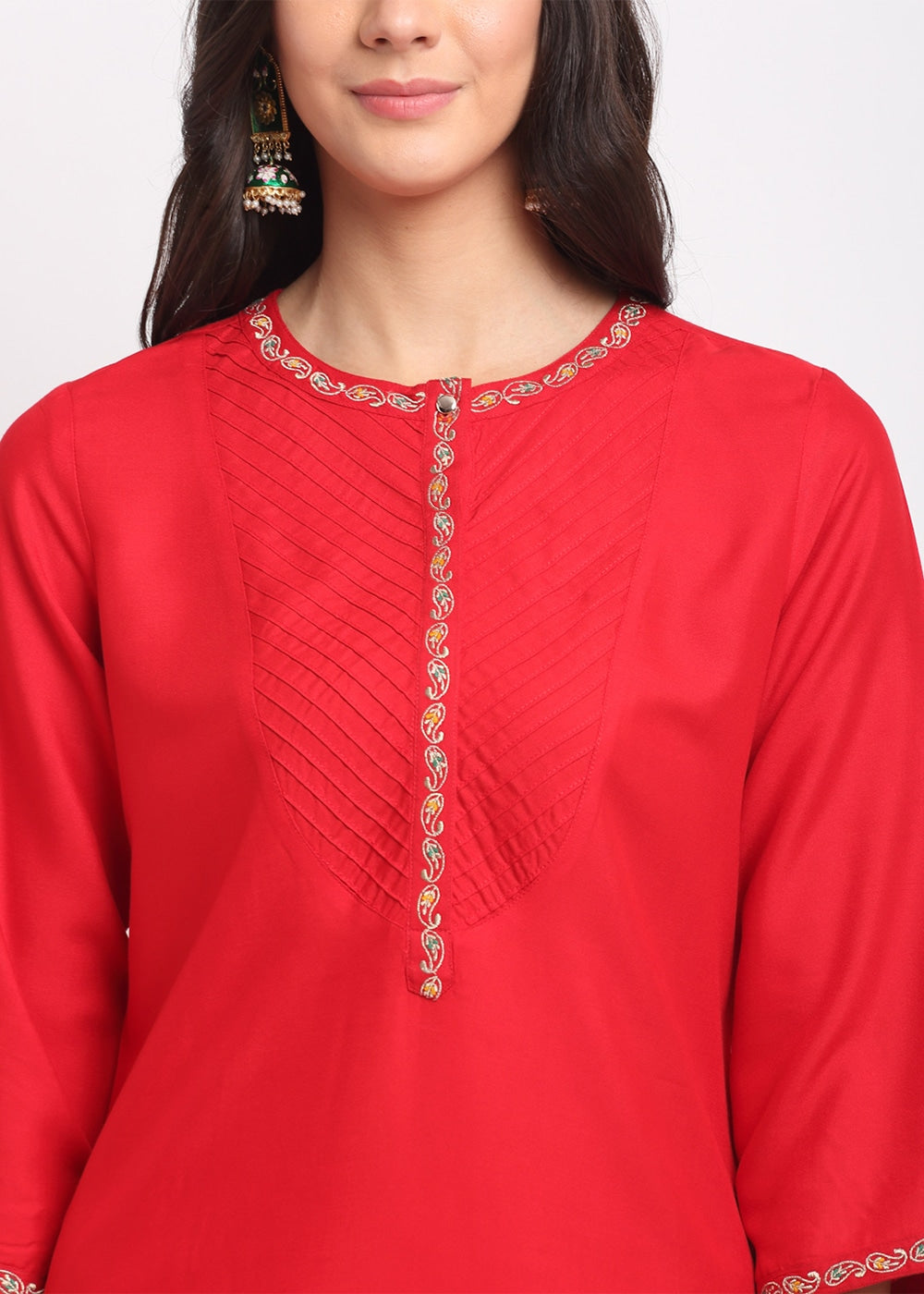 Pintucks Paisley Embroidered Red Kurti