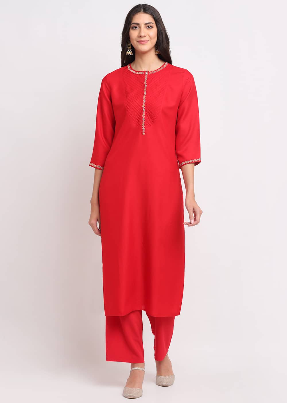 Pintucks Paisley Embroidered Red Kurti