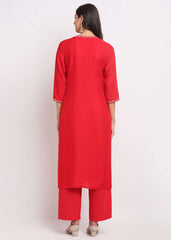 Pintucks Paisley Embroidered Red Kurti