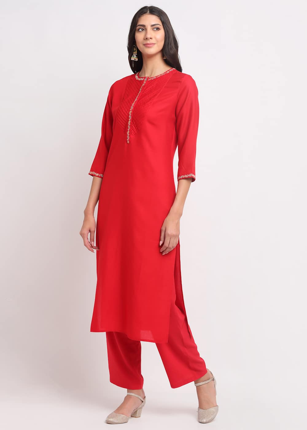 Pintucks Paisley Embroidered Red Kurti