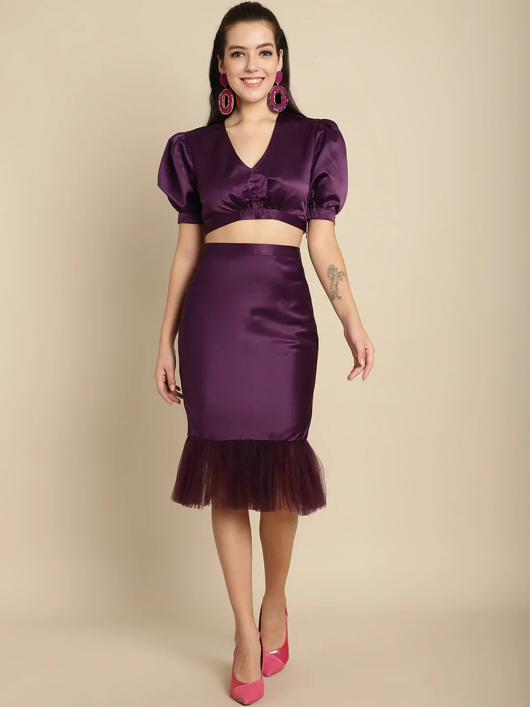 Purple Crop Top With Tulle Detail Skirt Co-Ord Set