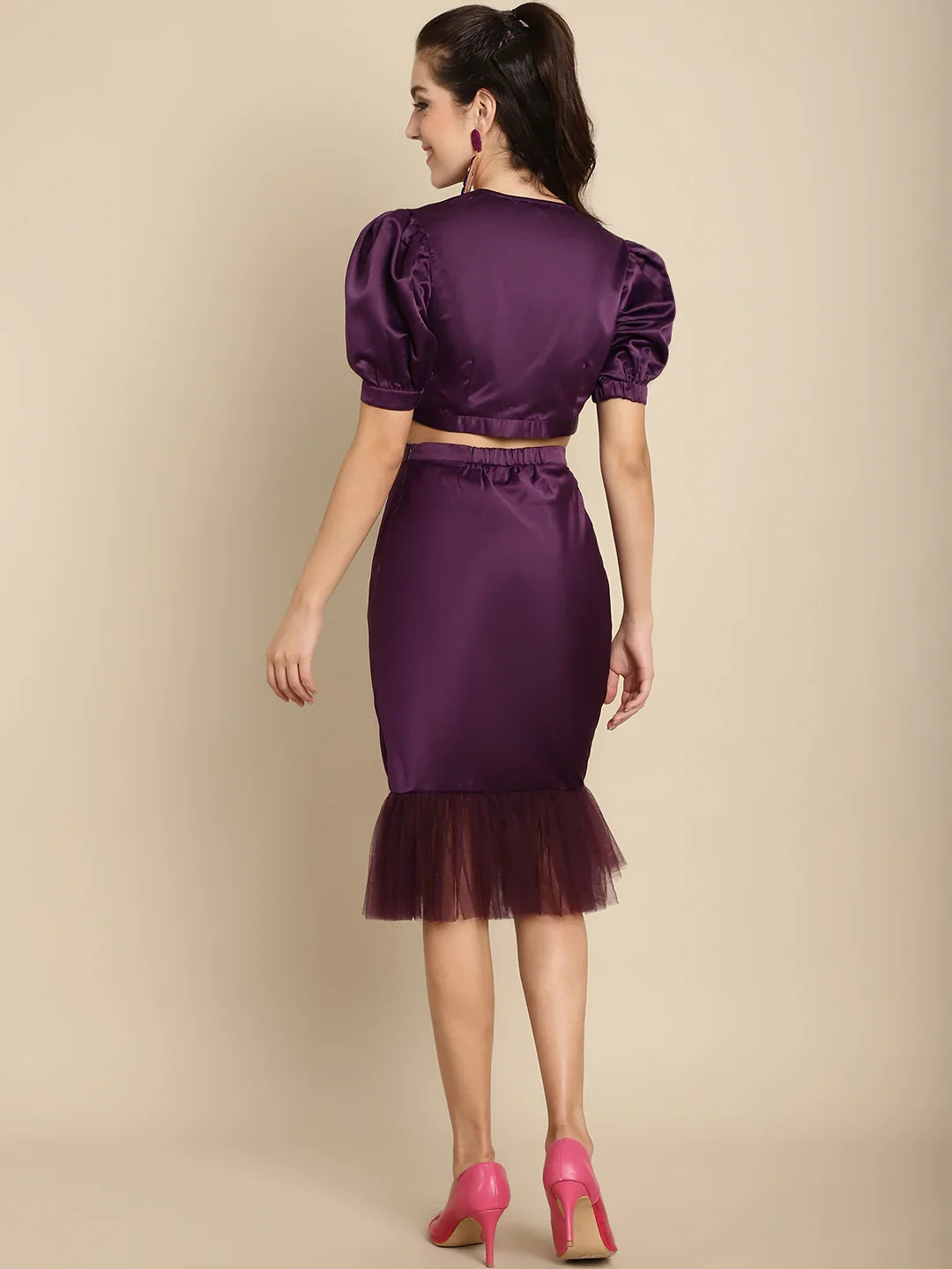 Purple Crop Top With Tulle Detail Skirt Co-Ord Set