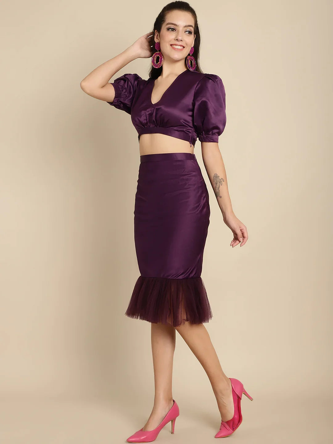 Purple Crop Top With Tulle Detail Skirt Co-Ord Set