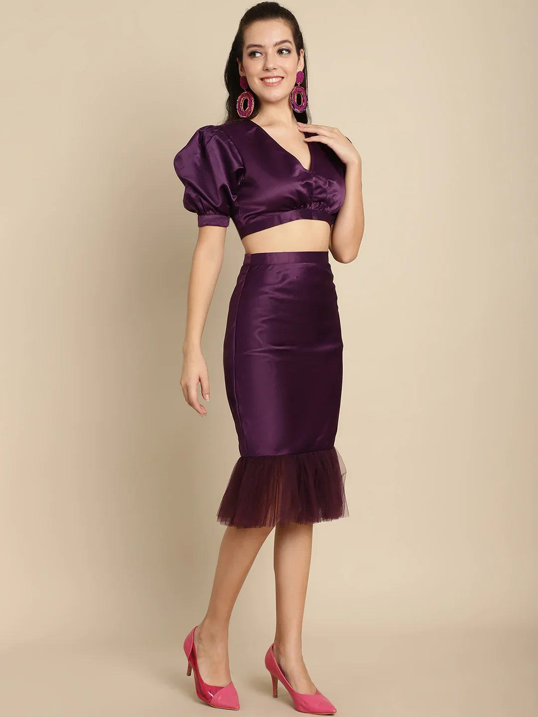 Purple Crop Top With Tulle Detail Skirt Co-Ord Set