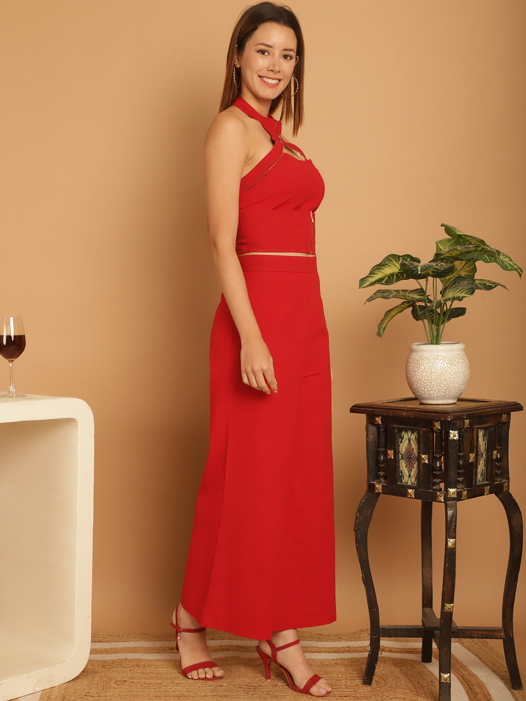 Red High Neck Zipper Detail Co-ord set