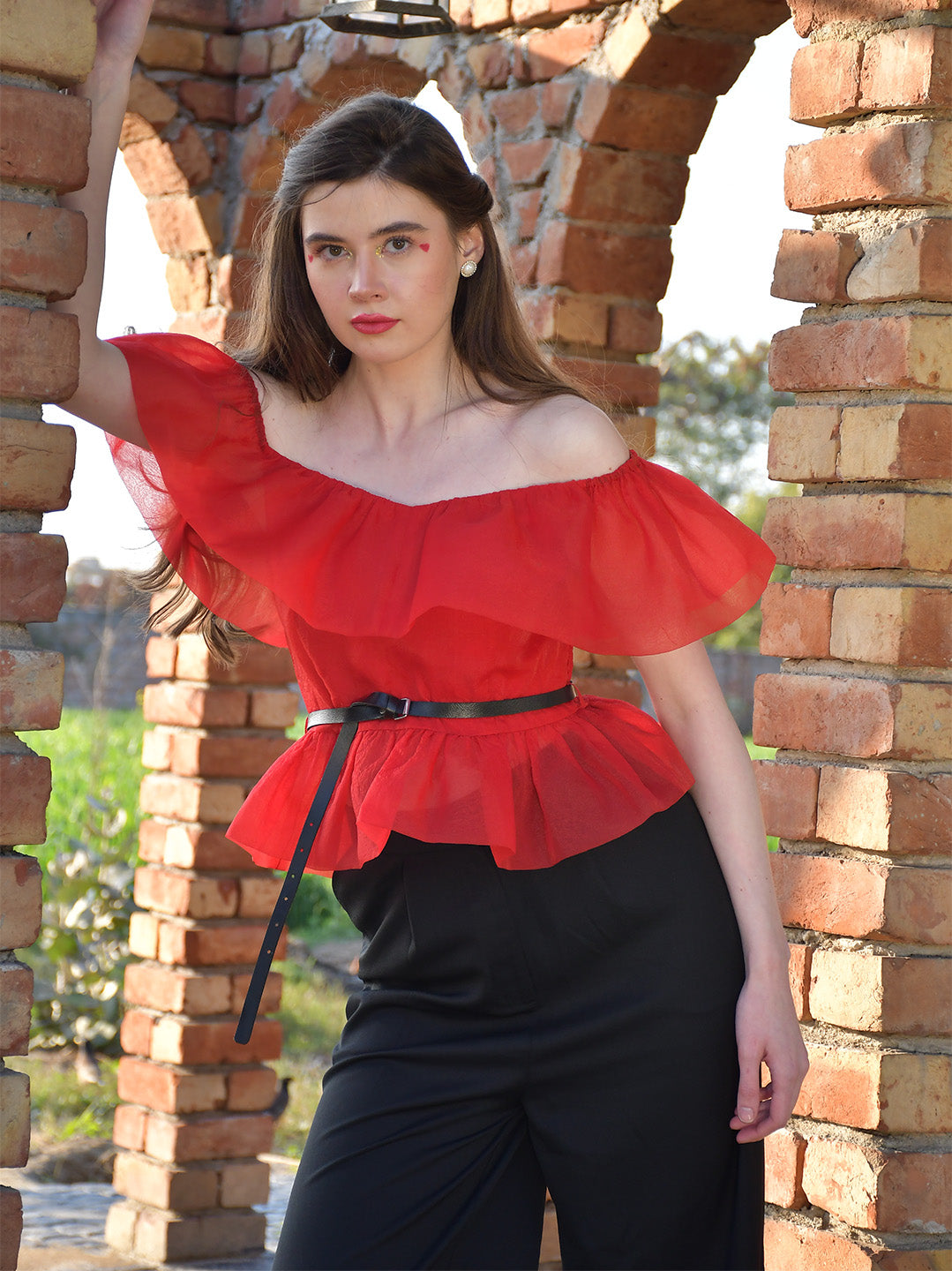 Red Organza Off-Shoulder Top with Black Trouser and Black Belt