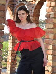 Red Organza Off-Shoulder Top with Black Trouser and Black Belt