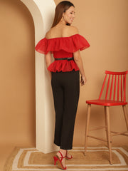 Red Organza Off-Shoulder Top with Black Trouser and Black Belt
